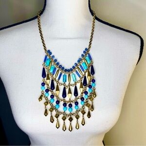 Stella & Dot Malta Bib Chandelier Necklace Gold Blue Turquoise Color Beads